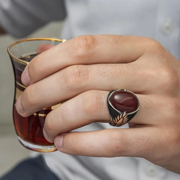 Oval Akik Taşlı 925 Gümüş Erkek Yüzük - 8