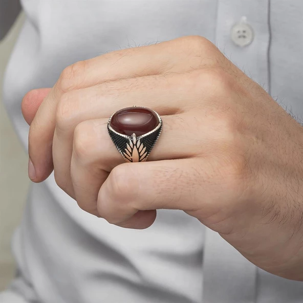 Oval Akik Taşlı 925 Gümüş Erkek Yüzük - 6