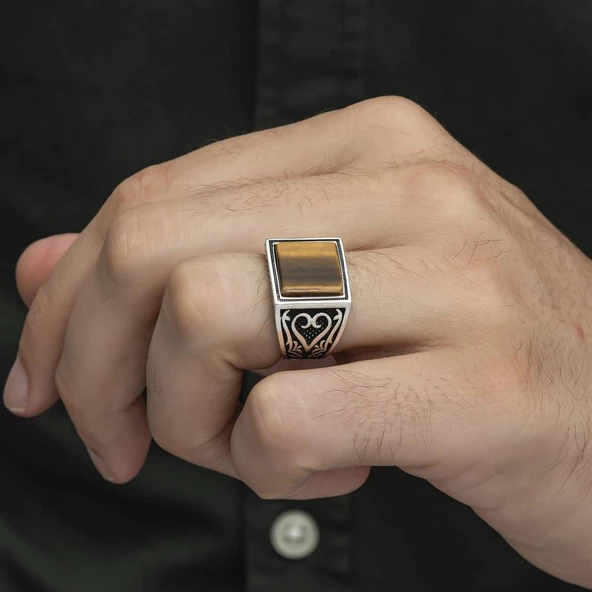Kare Kaplan Gözü Taşlı 925 Gümüş Erkek Yüzük - Resim 7