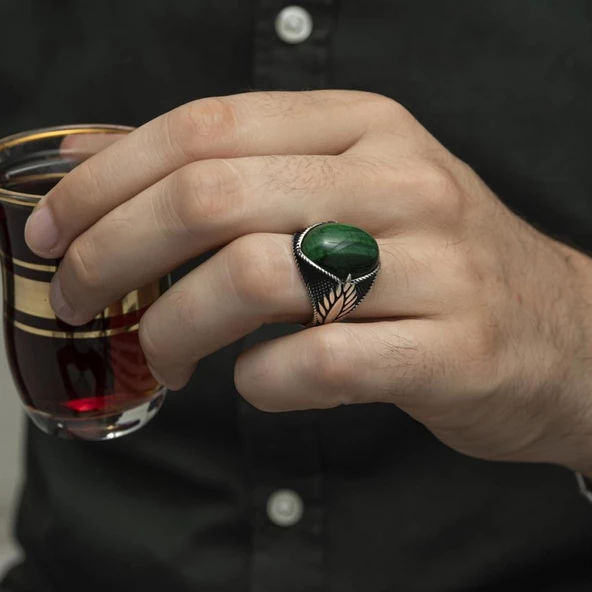 Yeşil Kaplan Gözü Taşlı Oval 925 Gümüş Erkek Yüzük - Resim 12