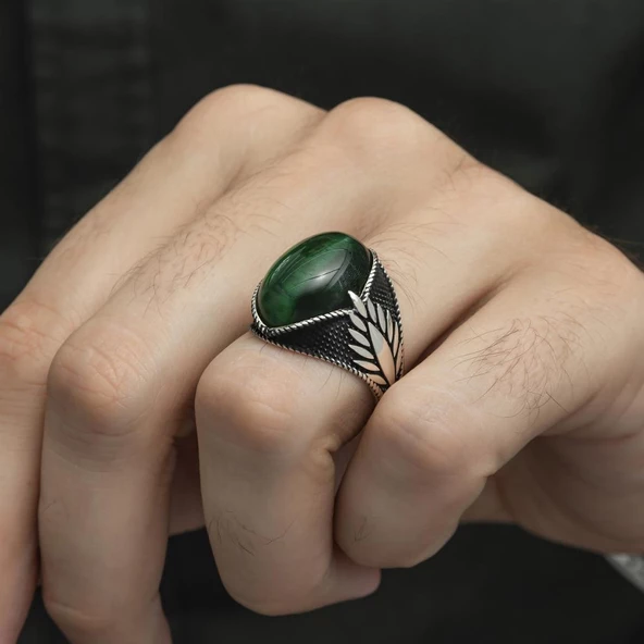 Yeşil Kaplan Gözü Taşlı Oval 925 Gümüş Erkek Yüzük - Resim 9