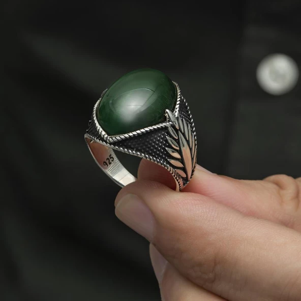 Yeşil Kaplan Gözü Taşlı Oval 925 Gümüş Erkek Yüzük - Resim 4