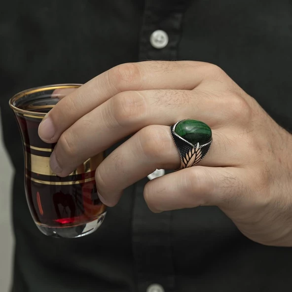 Yeşil Kaplan Gözü Taşlı Oval 925 Gümüş Erkek Yüzük - Resim 11