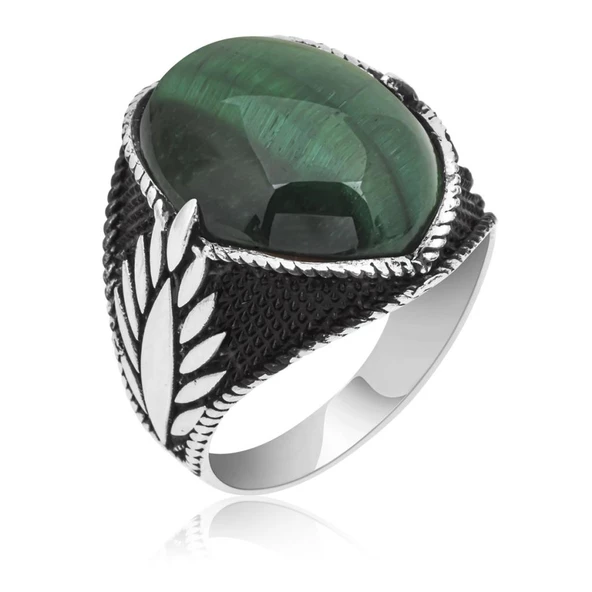 Yeşil Kaplan Gözü Taşlı Oval 925 Gümüş Erkek Yüzük - Resim 6