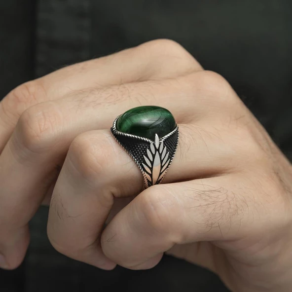 Yeşil Kaplan Gözü Taşlı Oval 925 Gümüş Erkek Yüzük - Resim 8