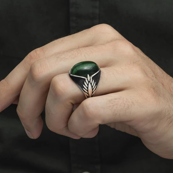 Yeşil Kaplan Gözü Taşlı Oval 925 Gümüş Erkek Yüzük - Resim 7