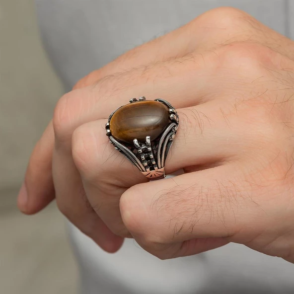 Kaplan Gözü Taşlı Oval 925 Gümüş Erkek Yüzük - Resim 5