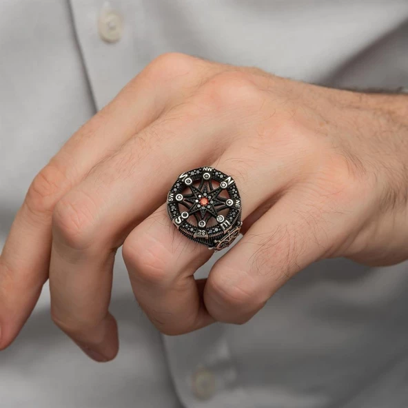 Pusula Desenli Mikro Taşlı 925 Gümüş Erkek Yüzük - Resim 6