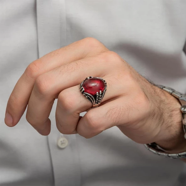 Kırmızı Lal Taşlı Oval 925 Gümüş Erkek Yüzük - 2