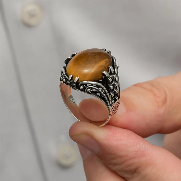 Kaplan Gözü Taşlı Oval 925 Gümüş Erkek Yüzük - Resim 6