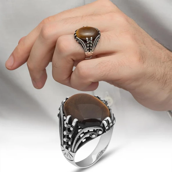 Kaplan Gözü Taşlı Oval 925 Gümüş Erkek Yüzük - Resim 9