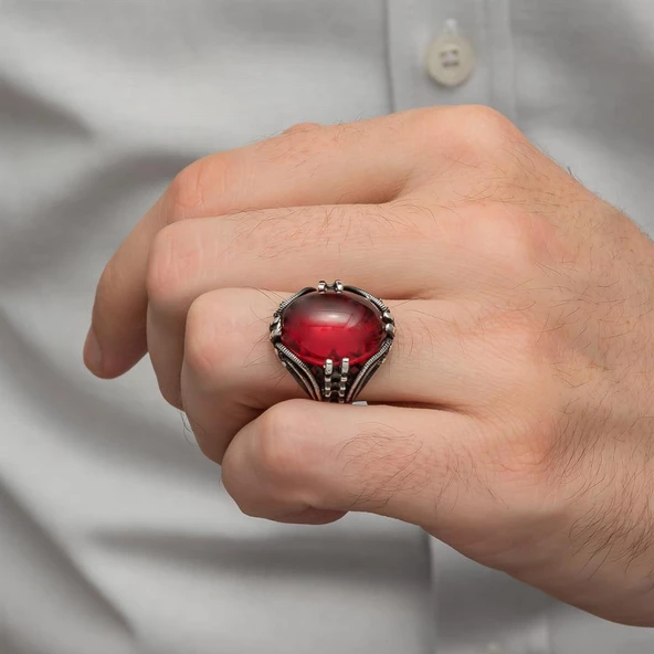Kırmızı Lal Taşlı Oval 925 Gümüş Erkek Yüzük - 4