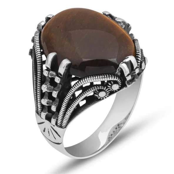 Kaplan Gözü Taşlı Oval 925 Gümüş Erkek Yüzük - Resim 3