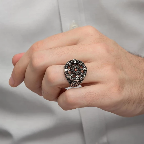 Pusula Desenli Mikro Taşlı 925 Gümüş Erkek Yüzük - Resim 5