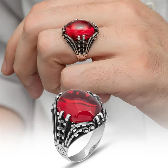 Kırmızı Lal Taşlı Oval 925 Gümüş Erkek Yüzük - 9