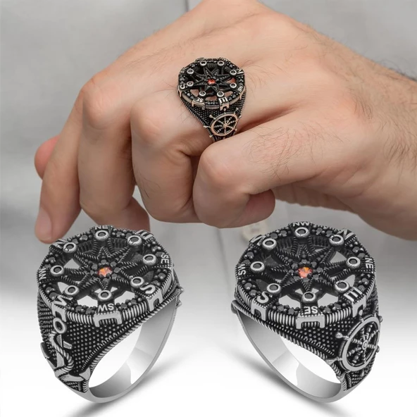 Pusula Desenli Mikro Taşlı 925 Gümüş Erkek Yüzük ürün görseli 1