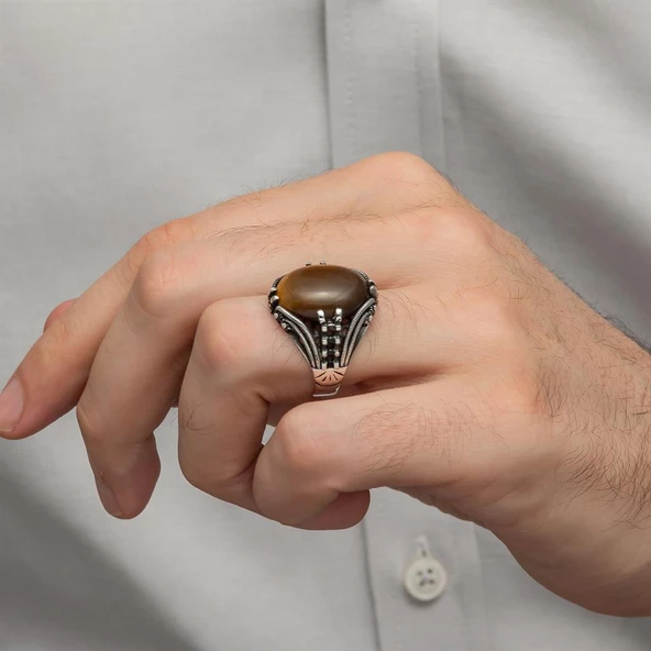 Kaplan Gözü Taşlı Oval 925 Gümüş Erkek Yüzük - Resim 12