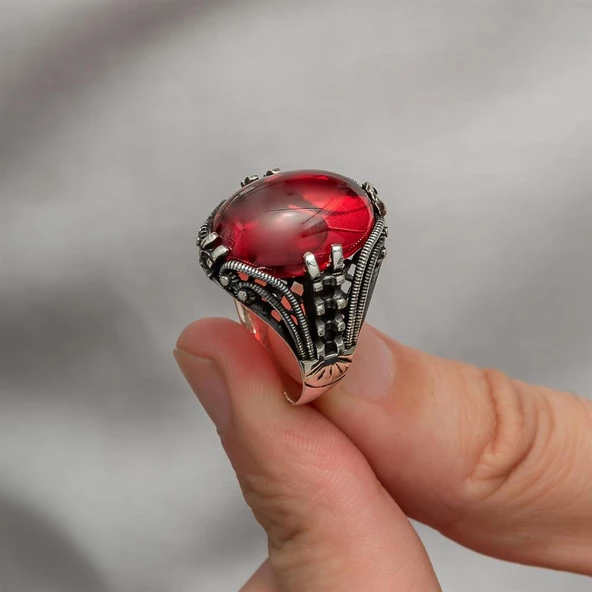 Kırmızı Lal Taşlı Oval 925 Gümüş Erkek Yüzük - 5