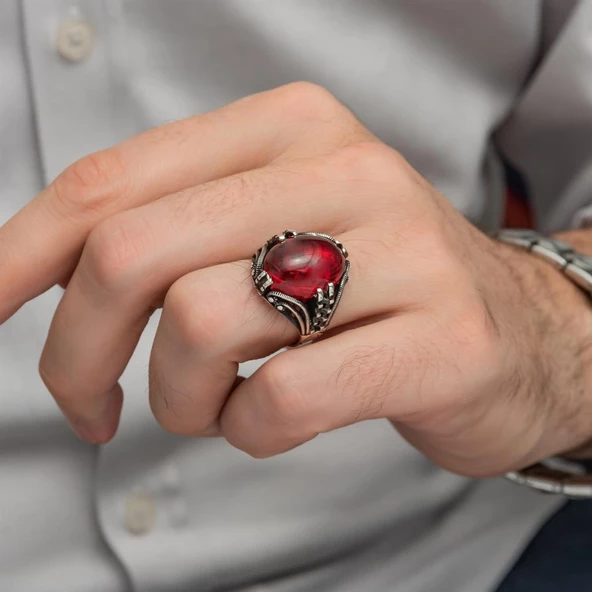 Kırmızı Lal Taşlı Oval 925 Gümüş Erkek Yüzük - 3