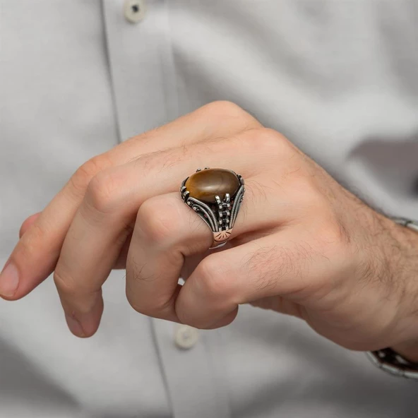 Kaplan Gözü Taşlı Oval 925 Gümüş Erkek Yüzük - Resim 8