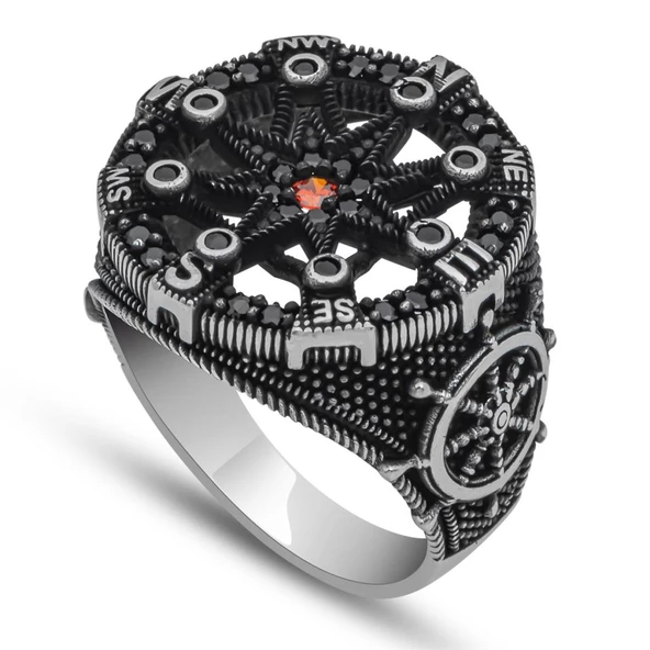 Pusula Desenli Mikro Taşlı 925 Gümüş Erkek Yüzük - Resim 11