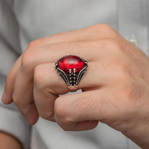 Kırmızı Lal Taşlı Oval 925 Gümüş Erkek Yüzük - 8