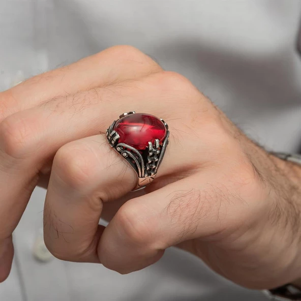 Kırmızı Lal Taşlı Oval 925 Gümüş Erkek Yüzük - 7