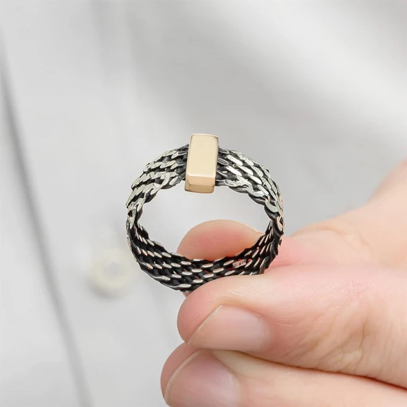 Burgulu Zincir Model 925 Ayar Gümüş Erkek Yüzük - 6