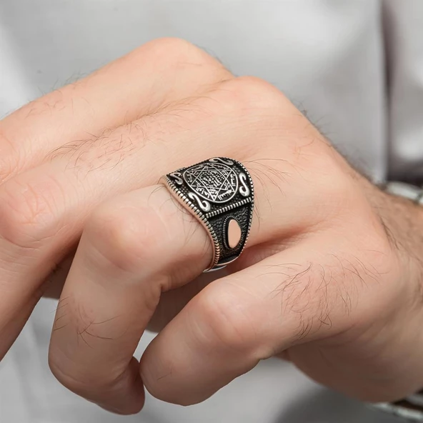 Mührü Süleyman İşleme 925 Gümüş Erkek Yüzük - 7