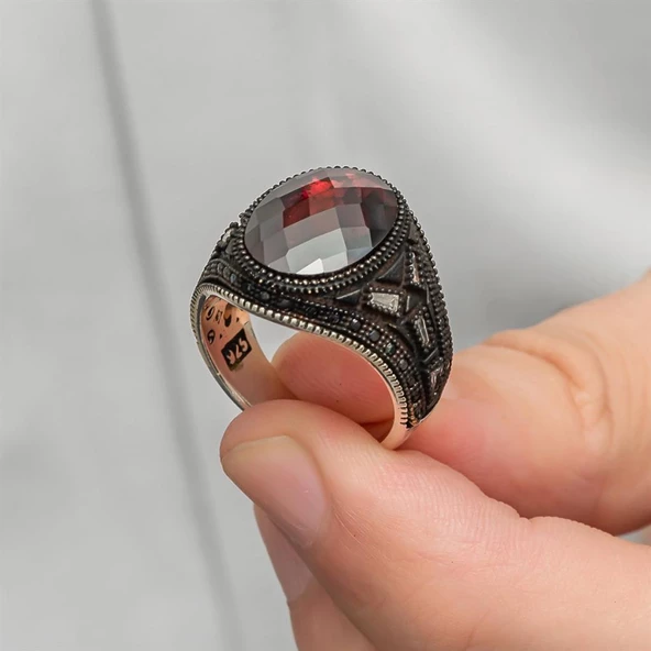 Siyah kaplama Kırmızı Taşlı 925 Gümüş Erkek Yüzük - 11