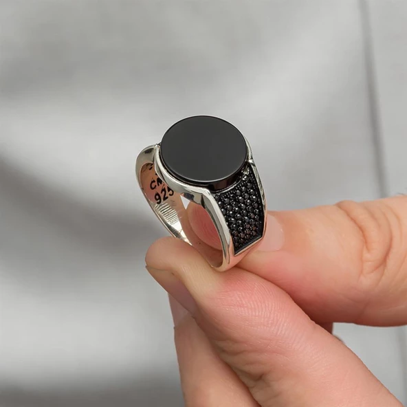 Siyah Oniks Yuvarlak Taşlı 925 Gümüş Erkek Yüzük - Resim 6