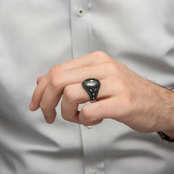 Siyah Kaplama Siyah Taşlı 925 Gümüş Erkek Yüzük - Resim 5
