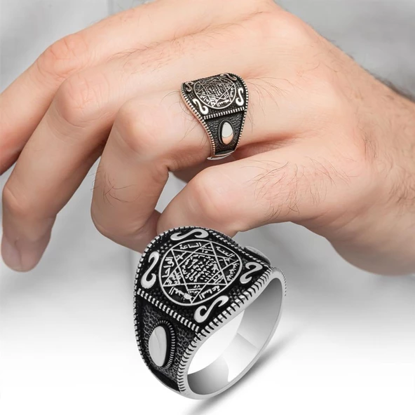 Mührü Süleyman İşleme 925 Gümüş Erkek Yüzük - 11