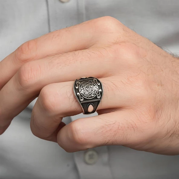 Mührü Süleyman İşleme 925 Gümüş Erkek Yüzük - 2