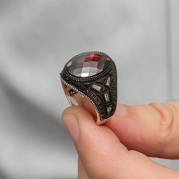 Siyah kaplama Kırmızı Taşlı 925 Gümüş Erkek Yüzük - 4