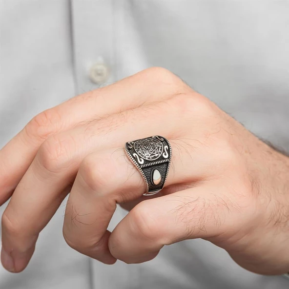 Mührü Süleyman İşleme 925 Gümüş Erkek Yüzük - 5