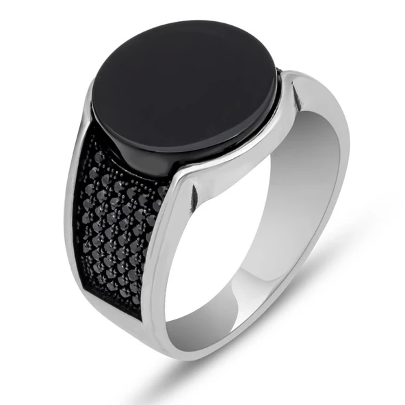 Siyah Oniks Yuvarlak Taşlı 925 Gümüş Erkek Yüzük - Resim 11
