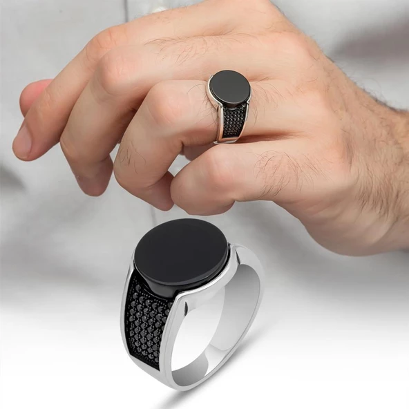 Siyah Oniks Yuvarlak Taşlı 925 Gümüş Erkek Yüzük ürün görseli 1