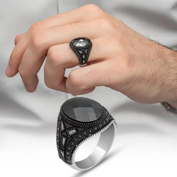 Siyah Kaplama Siyah Taşlı 925 Gümüş Erkek Yüzük - Resim 11