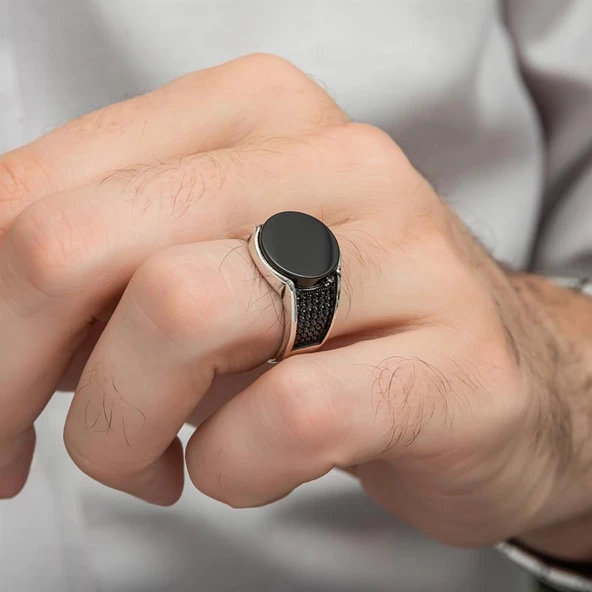 Siyah Oniks Yuvarlak Taşlı 925 Gümüş Erkek Yüzük - Resim 8