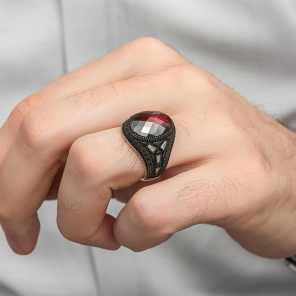 Siyah kaplama Kırmızı Taşlı 925 Gümüş Erkek Yüzük - 5