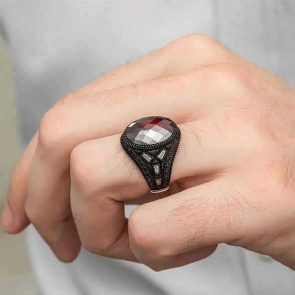 Siyah kaplama Kırmızı Taşlı 925 Gümüş Erkek Yüzük - 6