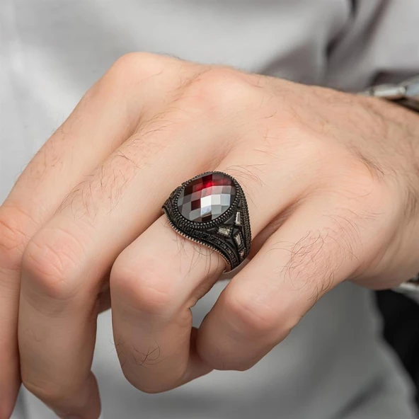 Siyah kaplama Kırmızı Taşlı 925 Gümüş Erkek Yüzük - 7