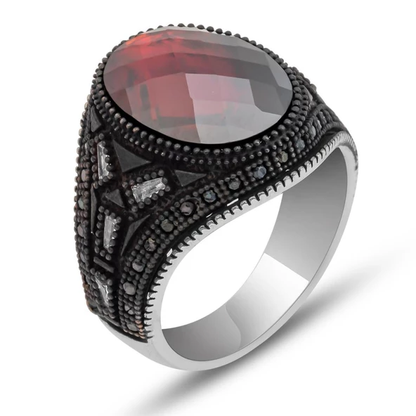 Siyah kaplama Kırmızı Taşlı 925 Gümüş Erkek Yüzük - 10