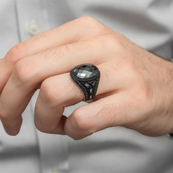 Siyah Kaplama Siyah Taşlı 925 Gümüş Erkek Yüzük - Resim 6