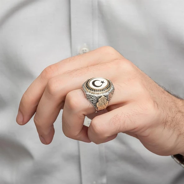 Ayyıldız La Galibe İllallah Yazılı 925 Gümüş Erkek Yüzük - 12