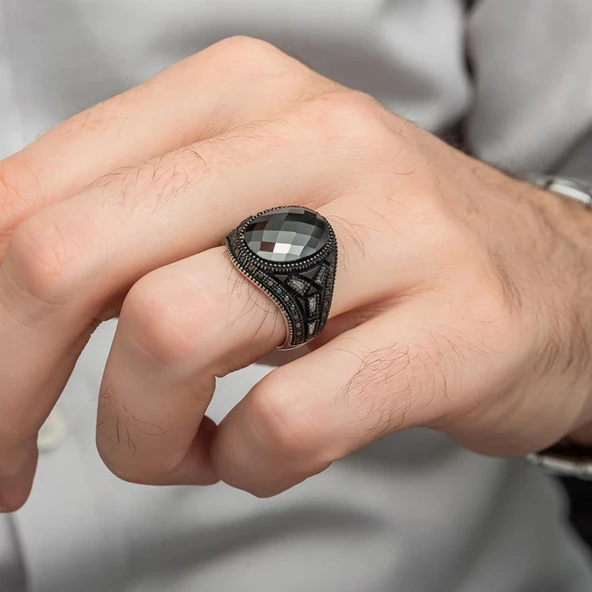 Siyah Kaplama Siyah Taşlı 925 Gümüş Erkek Yüzük - Resim 7