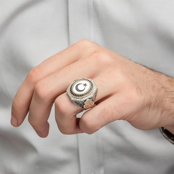 Ayyıldız La Galibe İllallah Yazılı 925 Gümüş Erkek Yüzük - 8