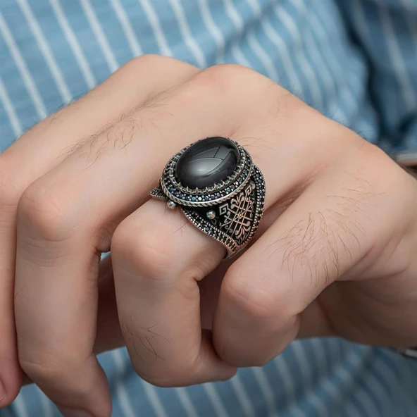 Oval Oniks Taşlı 925 Gümüş Erkek Yüzük - 9