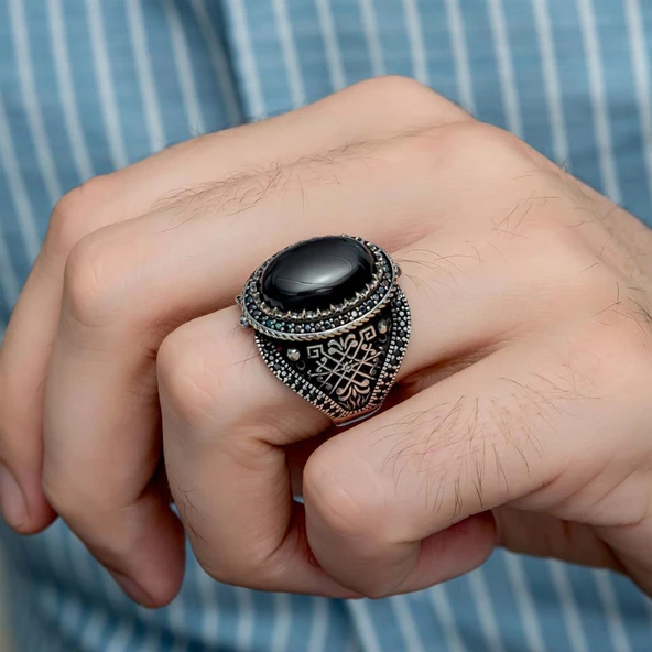 Oval Oniks Taşlı 925 Gümüş Erkek Yüzük - 7